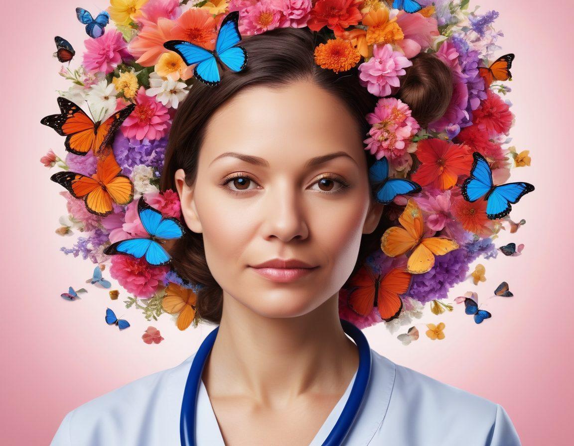 A powerful visual journey through cancer care, featuring a diverse group of patients and healthcare professionals united in hope and resilience. Incorporate symbols of healing such as butterflies and blooming flowers intertwined with medical elements like stethoscopes and lab results. The background should blend calm colors, signifying peace and support throughout the cancer journey. Emphasize a sense of community and optimism. super-realistic. vibrant colors. comforting atmosphere.